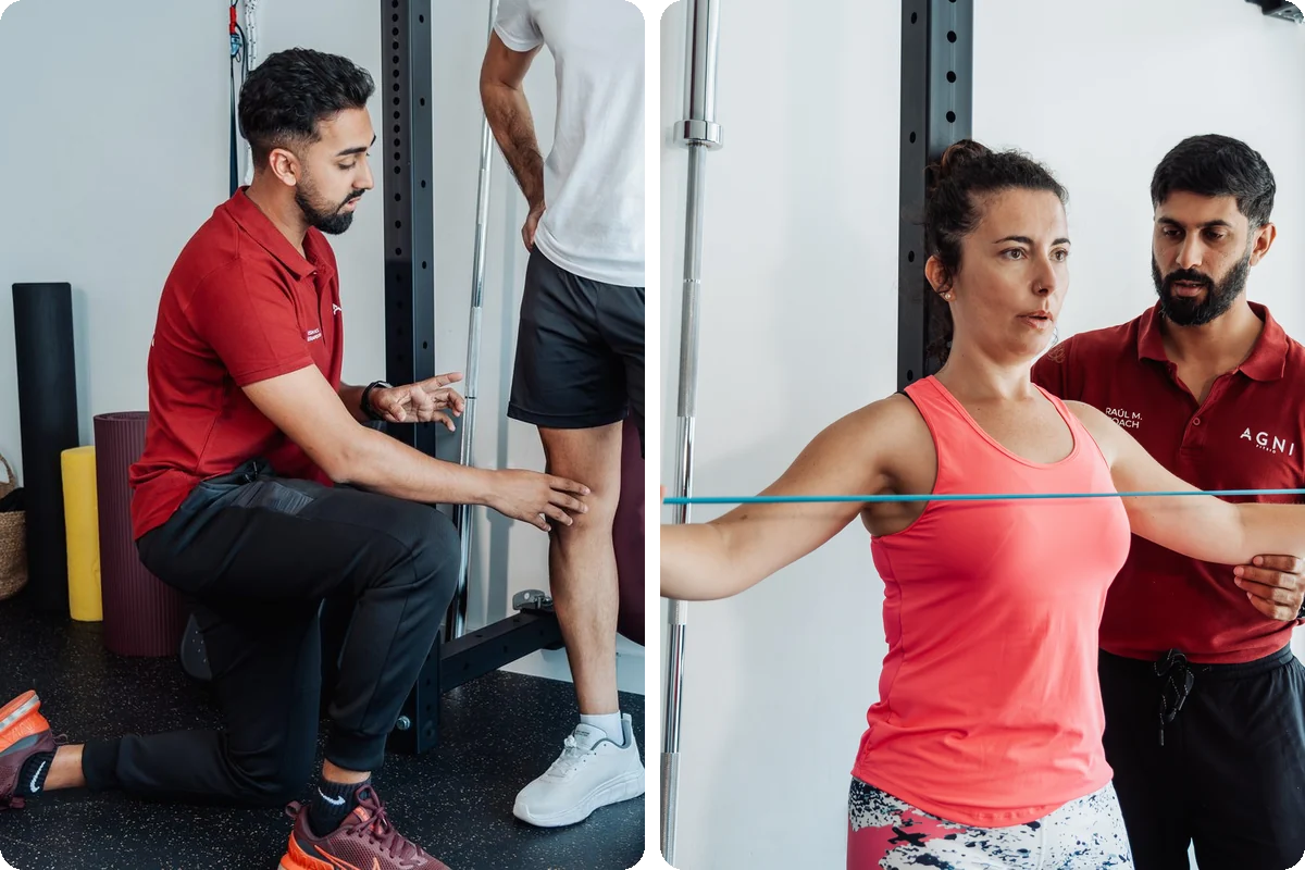 Dos momentos del Proceso Fitsio: una exploración de rodilla y un ejercicio guiado con banda elástica